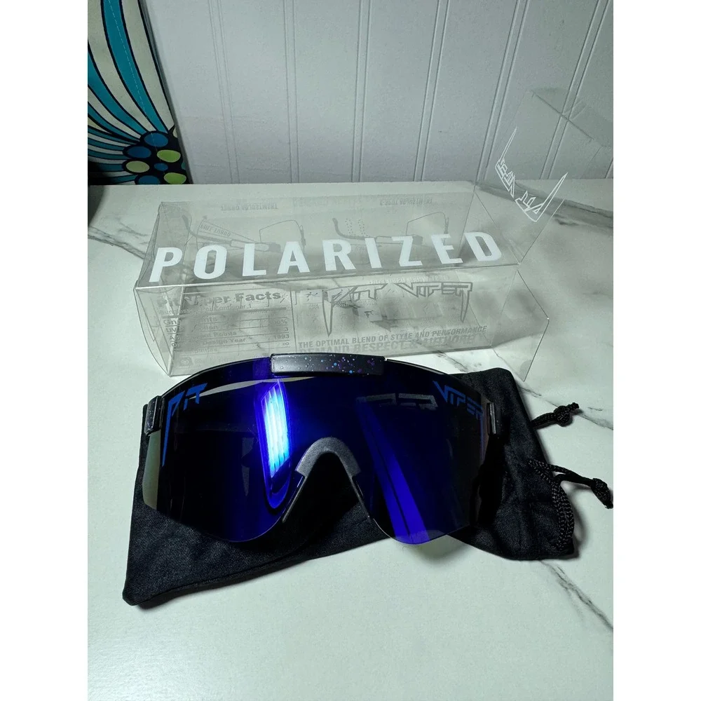 Pit Viper Polarized Sunglasses Blue Mirrored Lens Black Splatter Sport Shield